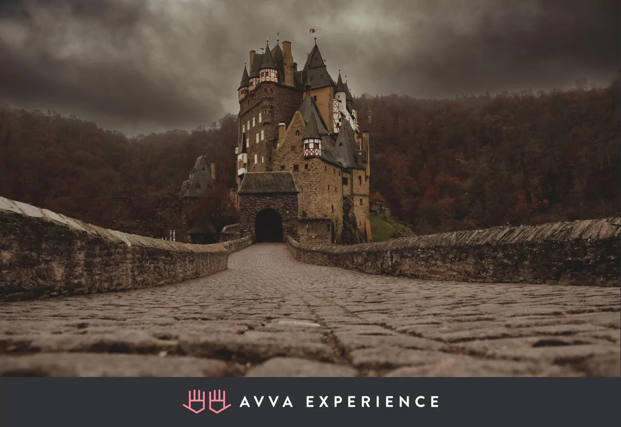 A haunted castle in the fog