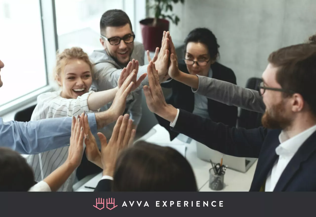 Happy, motivated team after an online event for improving employee efficiency