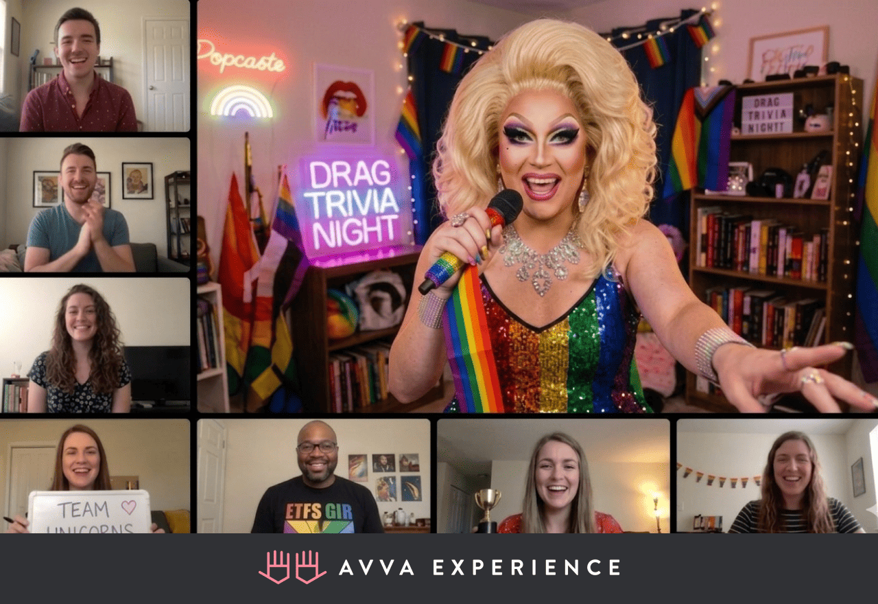 Drag queen hosting a virtual team trivia quiz
